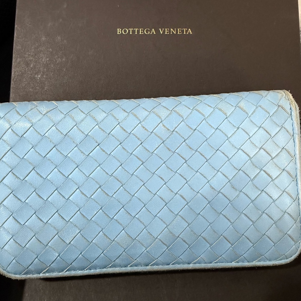 Bottega Veneta Pale Blue Intrecciato Leather Zip Wallet